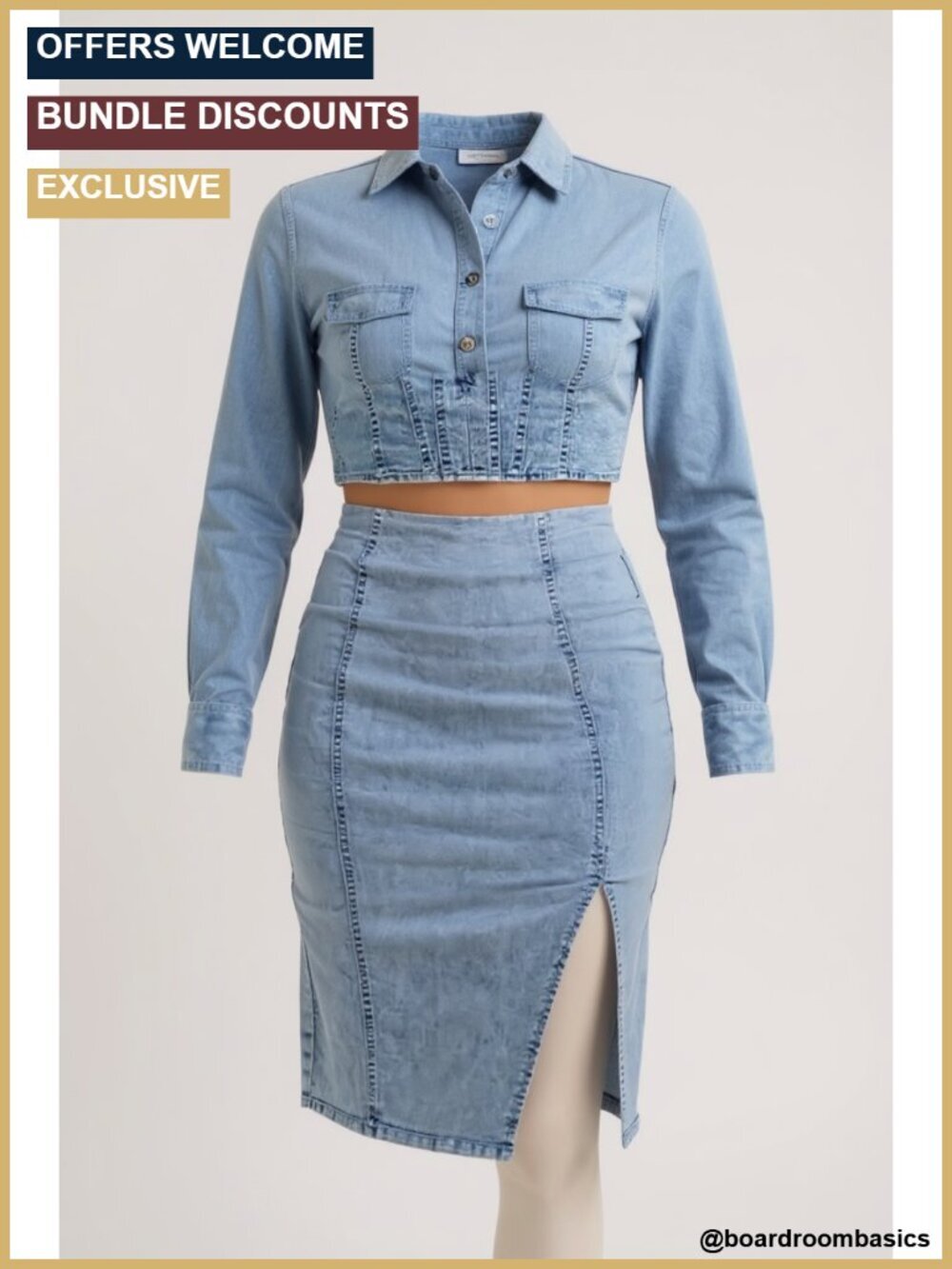 High Waisted Denim Pencil Skirt Side Split Stretch Bodycon Knee Length